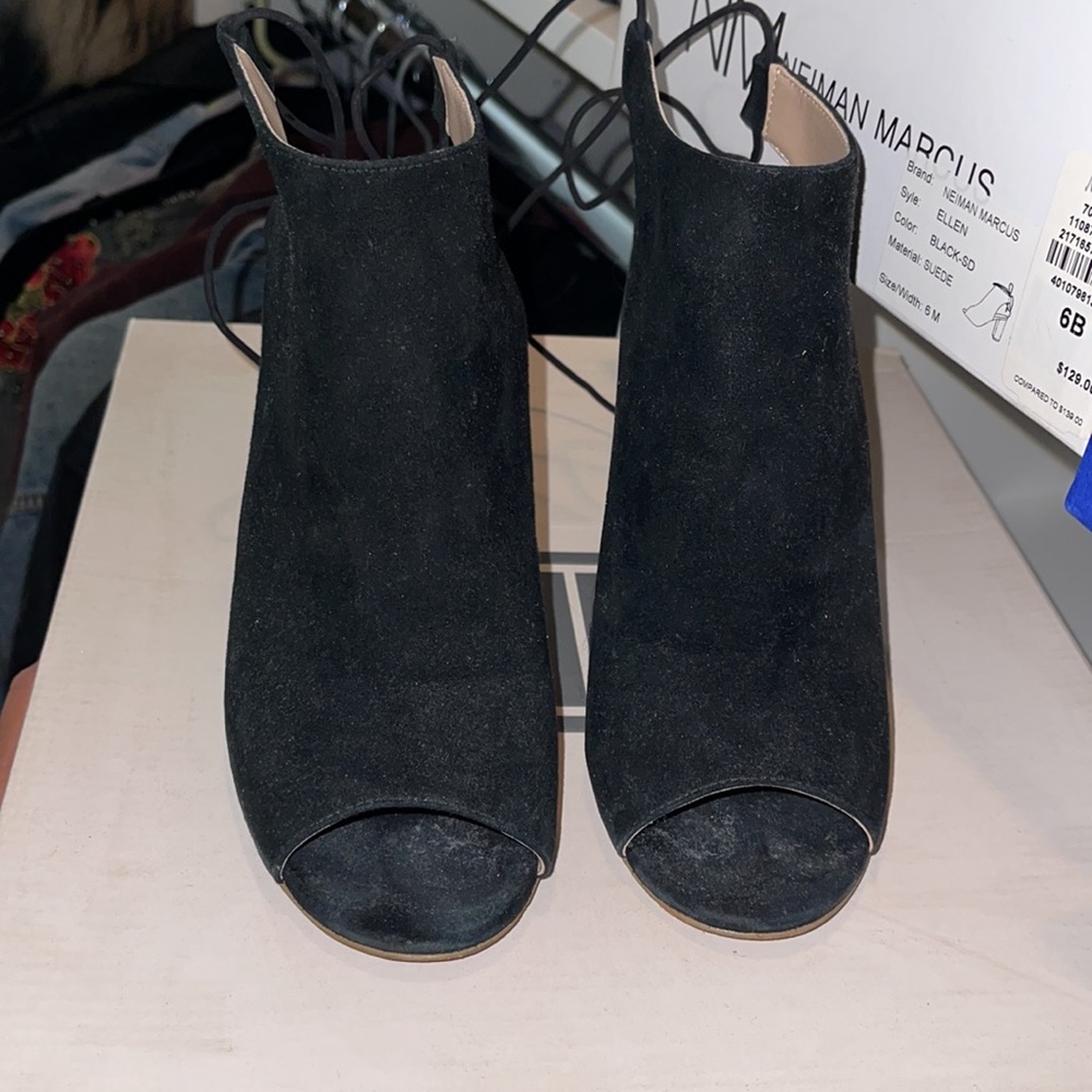 Neiman Marcus Ellen Black Suede Open-toe Booties - Picture 2 of 4